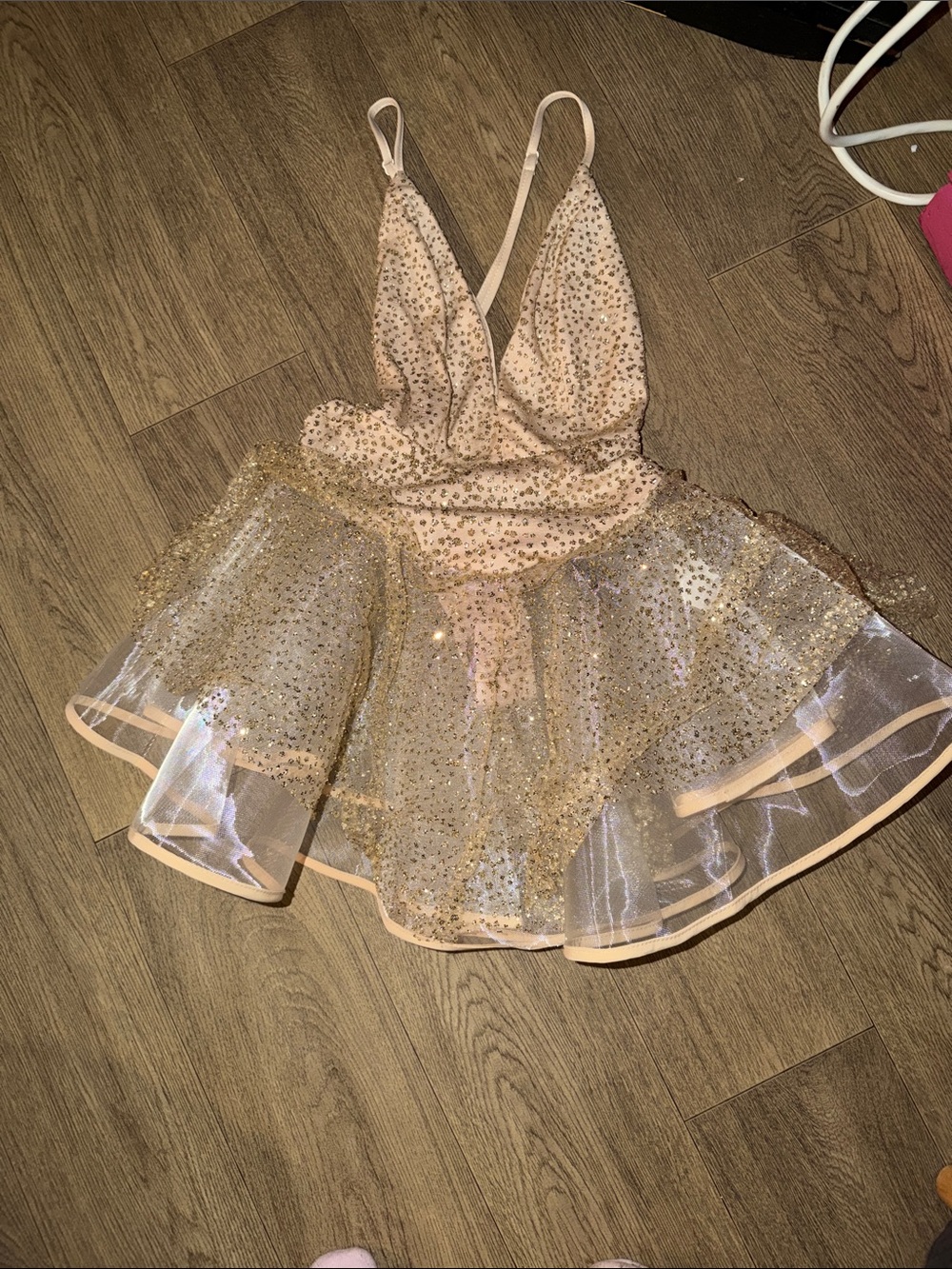 Sparkling Nude Mini Dress with Gold Sequin Skirt